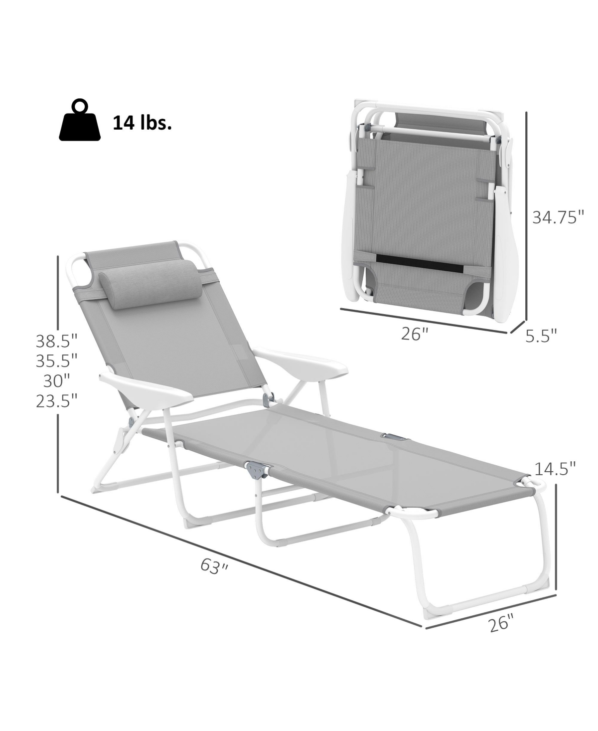Outsunny Folding Chaise Lounge, Outdoor Sun Tanning Chair, Four-Position Reclining Back, Armrests, Iron Frame & Mesh Fabric for Beach, Yard, Patio, Bl