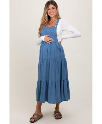 Women's Blue Chambray Overall Tiered Maternity Midi Dress