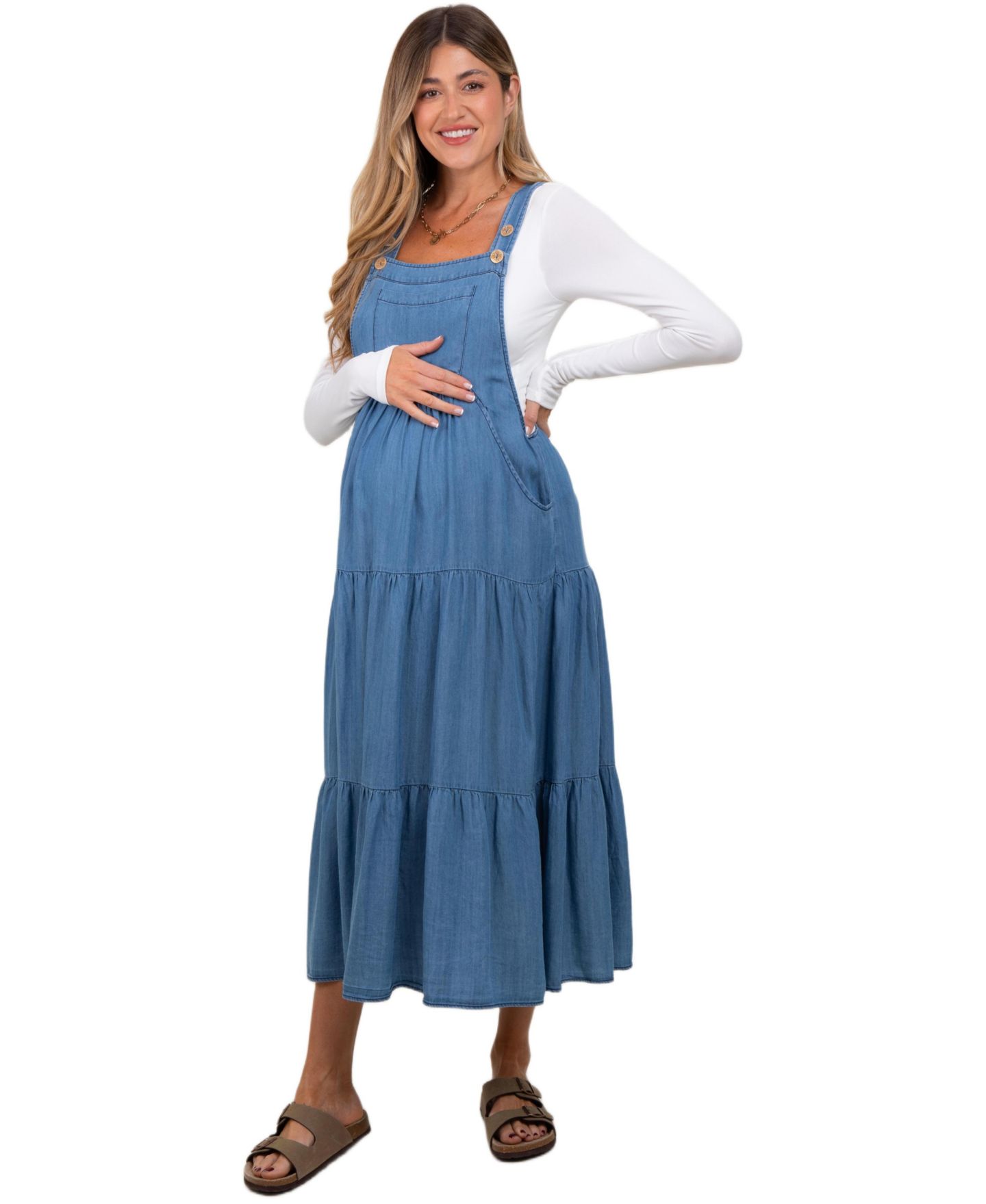 Женское платье Pinkblush Blue Chambray Overall Tiered Midi, цвет: Синий — фото 2