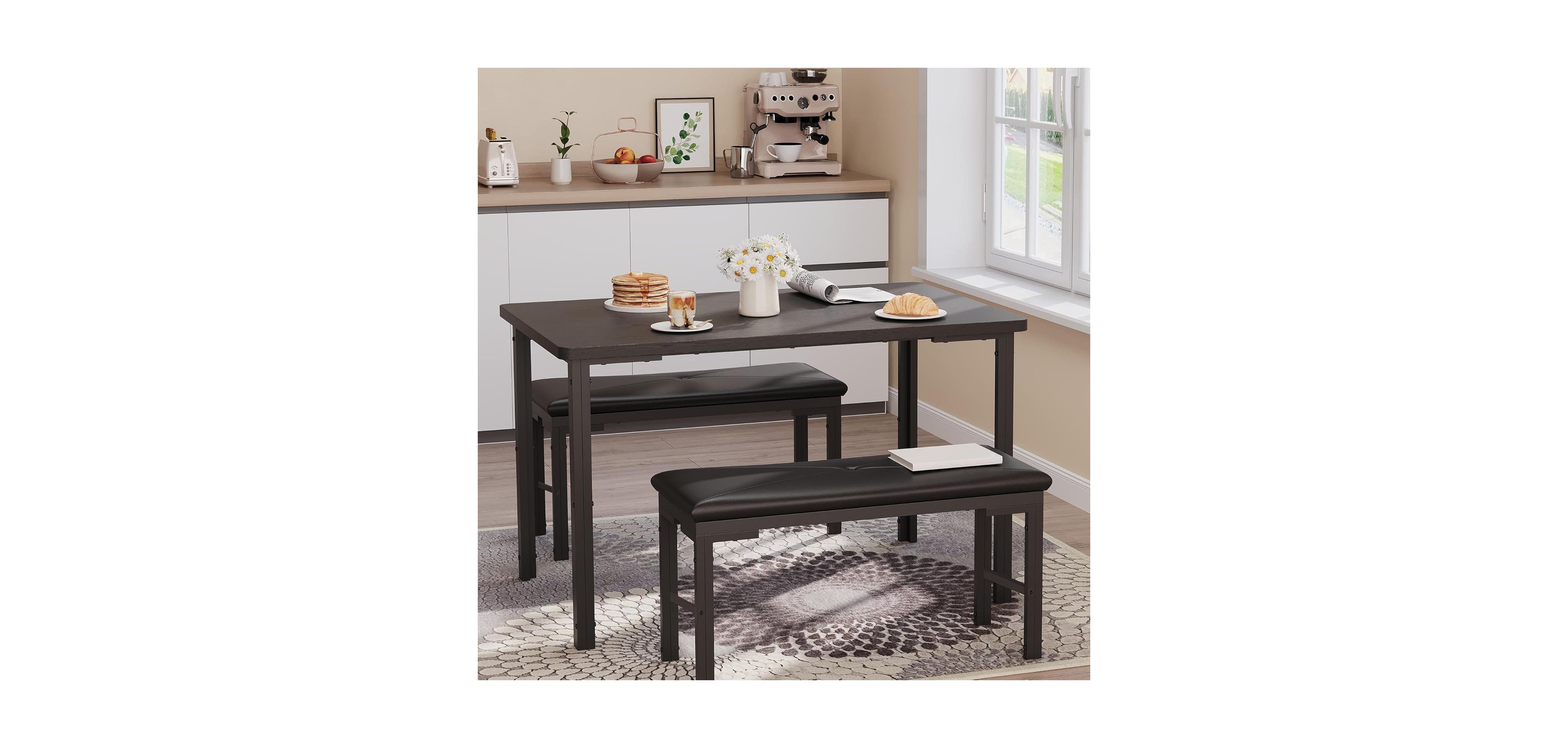 gaomon Dining Table Set for 4, 3-Piece Kitchen with 2 Upholstered Benches, Space-Saving Room Breakfast Nook and Small Spaces