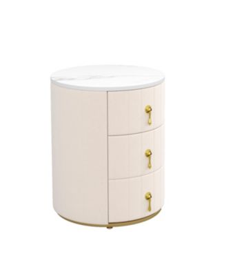 Round Upholstered Nightstand Bedside Table with 3 Drawers, Metal Handles, Marbling Stickers Top for Bedroom, Fully Assembled Except Handles