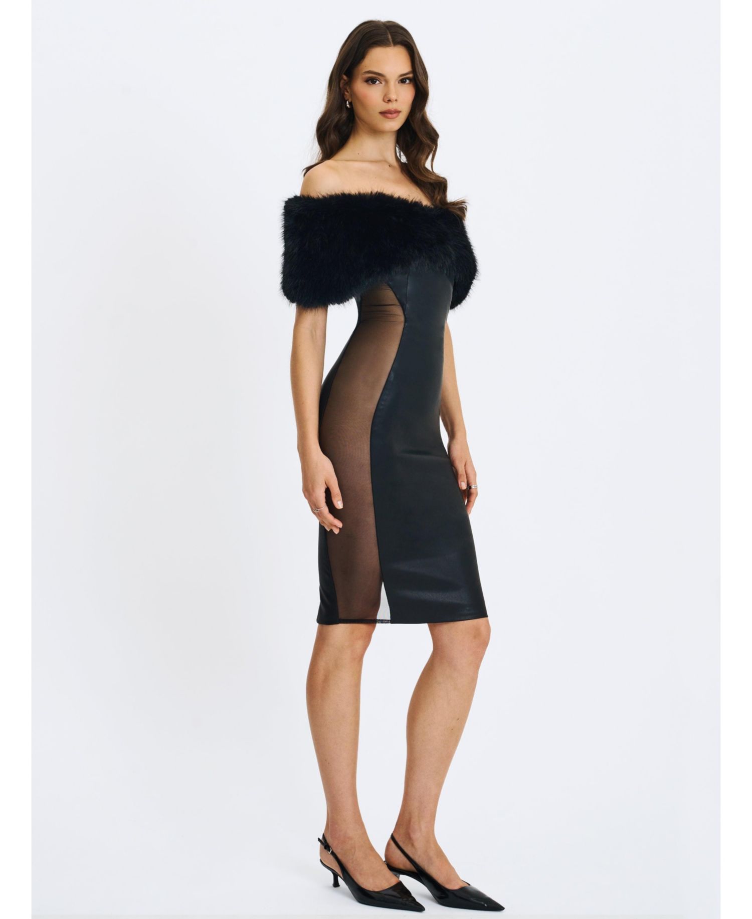 Women Bellis Black Fur Trim Mesh Panel Off-Shoulder Midi Dress