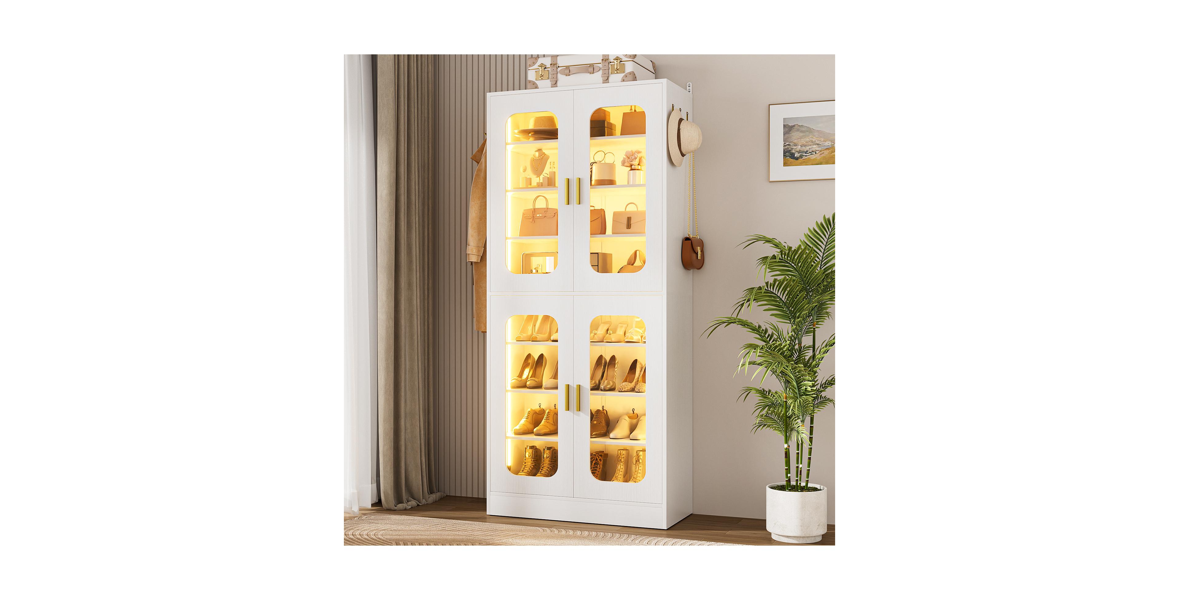 Aheaplus Shoe Cabinet With Led Light, Closet Shoe Organizer with Adjustable Shelves