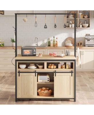 42" Kitchen Island with Power Outlet, Rustic Wood Coffee Bar, Sliding Barn Door, 9 Hooks, Open Shelves & Mobile Storage Cabinet