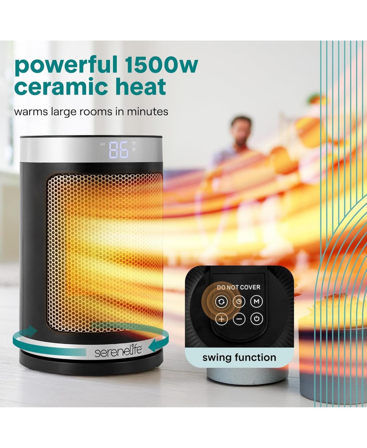 SereneLife Portable Space Heater, 1500W Ptc Ceramic Heater with Thermostat, Remote, 12-Hour Timer, 3 Modes, Oscillation