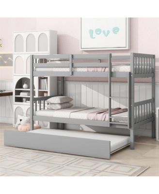 Twin over Twin Bunk Bed with Trundle, Convertible to 2 Separate Beds Rubber Wood Bunk Bed with Ladder & Guardrails