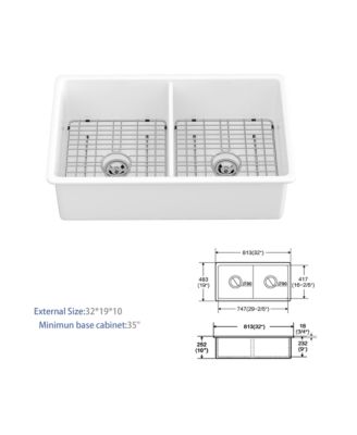 32x19x10inch White Fireclay Double Bowl Kitchen Sink Undermount Dual Mount
