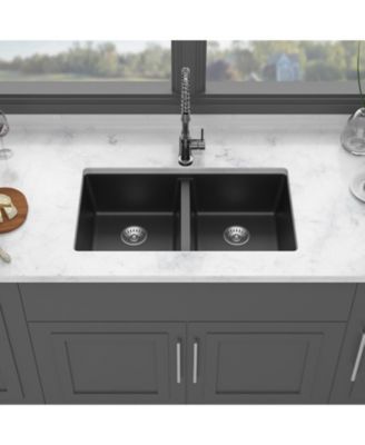 huluwat Black Quartz Composite Kitchen Sink Double Bowl Undermount