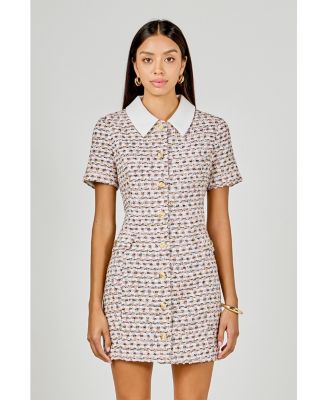 Women's Multi Tweed Collared Short Sleeve Dress
