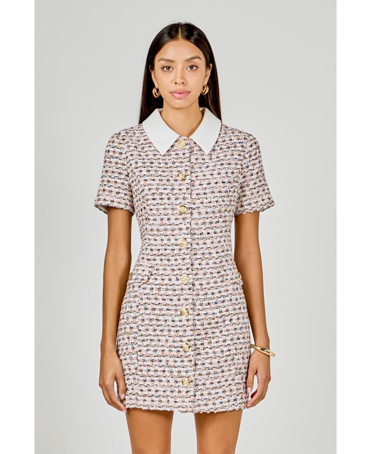 endless rose Women's Multi Tweed Collared Short Sleeve Dress