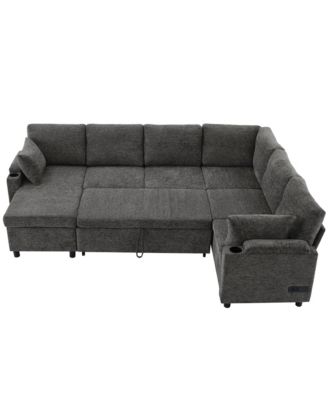 109.9" Sectional Sofa Bed with Storage, Cup Holders & Charging