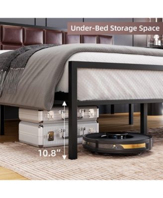 Size Bed Frame, Faux Leather Platform Bed Frame with Upholstered Square Stitched Headboard