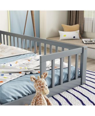 Double Twin Floor Bed with Safety Fence Low Profile Shared Sleeping Bed for Kids No Door Design