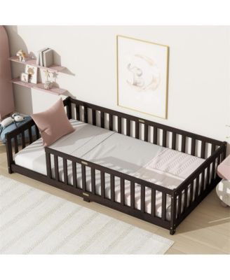 Twin Size Floor Bed with Safety Fence Rubber Wood Kids Bed for Toddler Room & Play Space