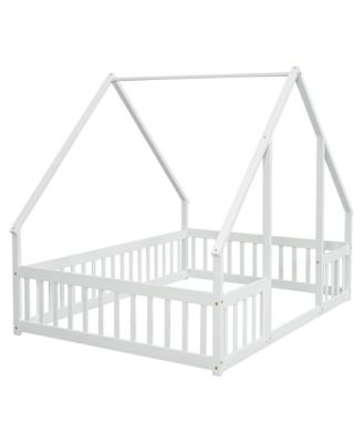 Full Size Wood House Floor Bed with Safety Fence & Roof Frame Play Bed for Kids and Teens