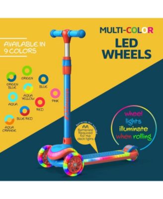 3-Wheel Kids Scooter, Blue Red, with multi-color LED lights, 5-height adjustable handlebar, wide anti-slip deck, safety certified.