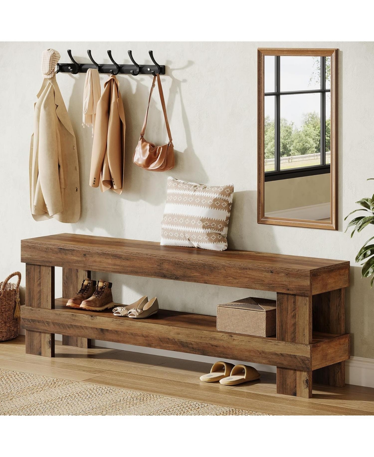 Tribesigns Entryway Bench, 59-Inch Farmhouse Shoe Bench Seat, 2-Tier Narrow Long End of Bed Storage Benches, Rustic Brown