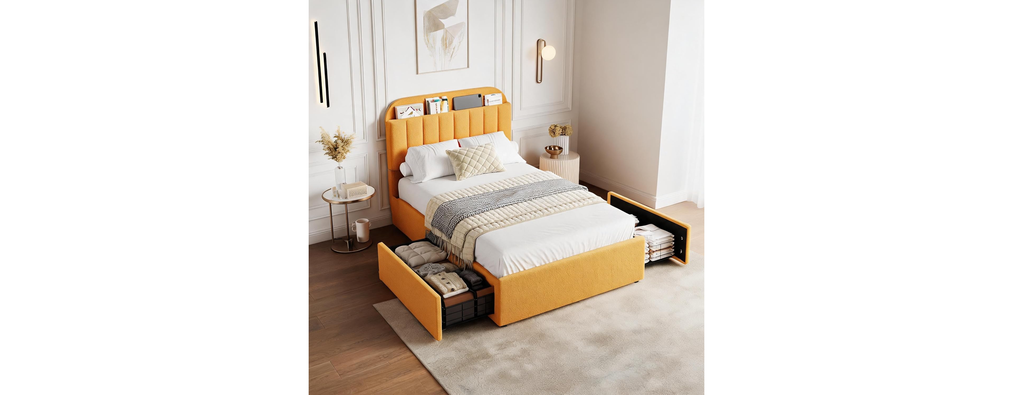 gaomon Bed Frame with Storage Headboard & 2 Drawers, Girls Boucle Upholstered Platform Bed with Built-In Bookcase, Yellow