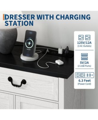  Dresser with Power Outlet, Farmhouse Dresser with Metal Handle