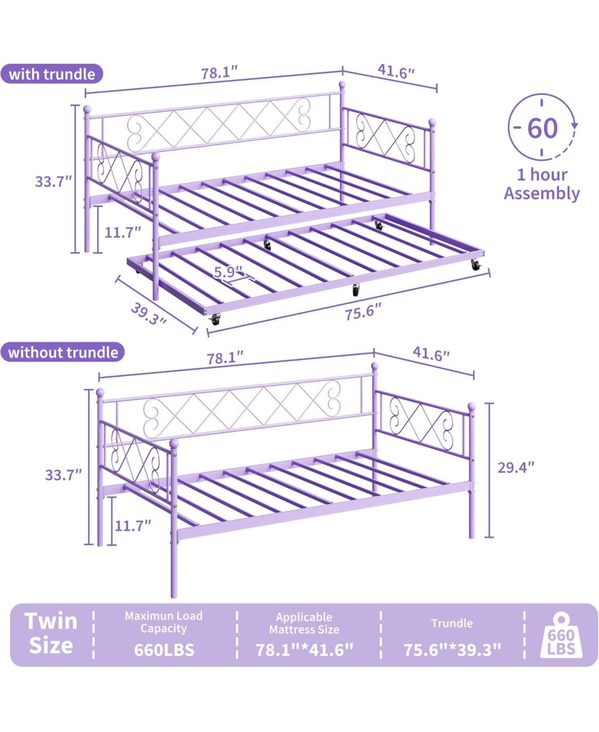 Gaomon Twin Metal Daybed with Trundle, Heart-Shaped Headboard, Upholstered Design, Space-Saving Sofa Bed