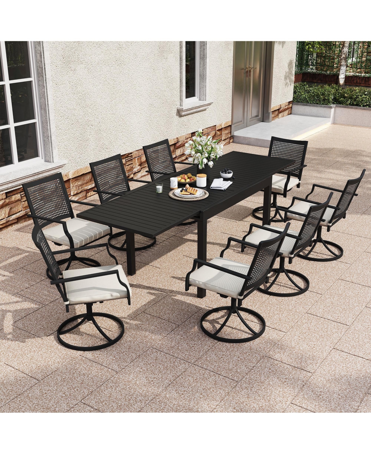Boyel Living 9-Piece Outdoor Dining Set Aluminum Extendable Table 53"- 106" with Swivel Dining Chair Outdoor Swivel Chairs