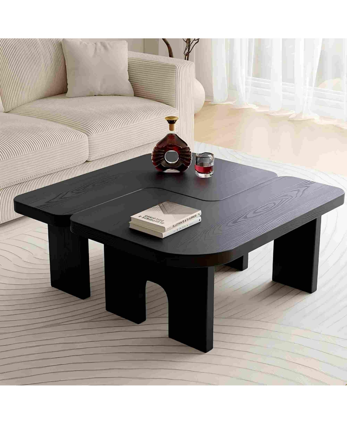Boyel Living Modern Black Wooden Nesting Coffee Table Set, 70.86" Extendable Splicing Center Table for Living Room