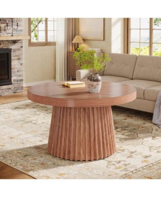 31.5" Round Coffee Table, Farmhouse Center Table with Fluted Base, Walnut