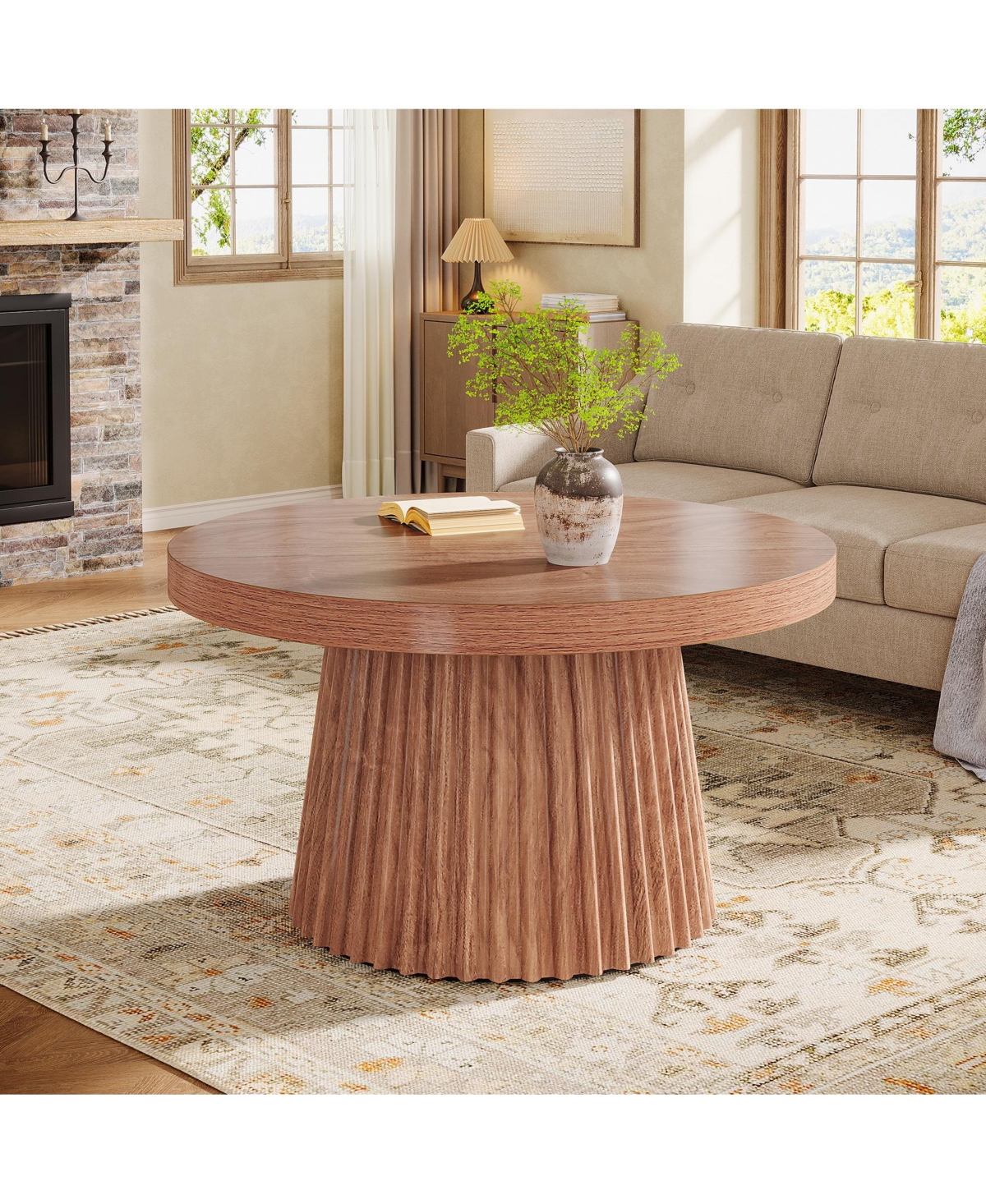 Tribesigns 31.5" Round Coffee Table, Farmhouse Center Table with Fluted Base, Walnut