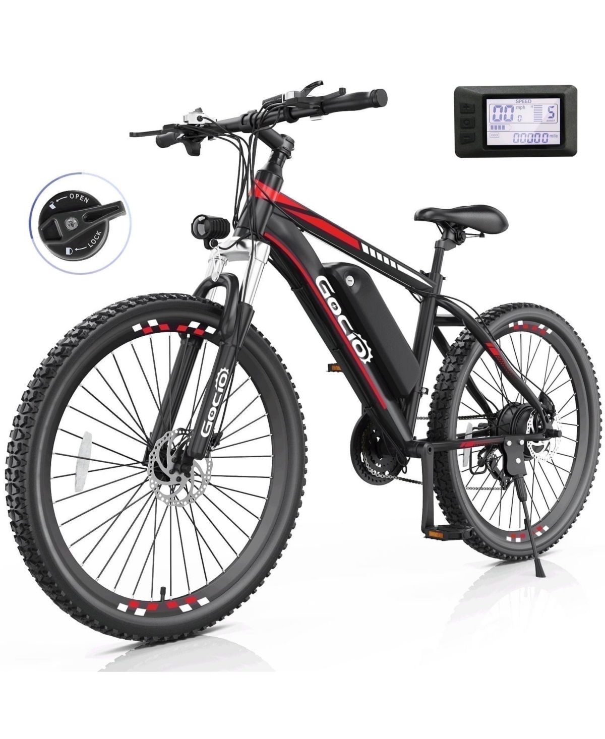 Gocio 500W 26" Electric Mountain Bike Adults 499Wh 48V 10.4Ah Battery 19.8MPH 3H Charge Lcd Display Shimano 21 Speed UL2849 Certified