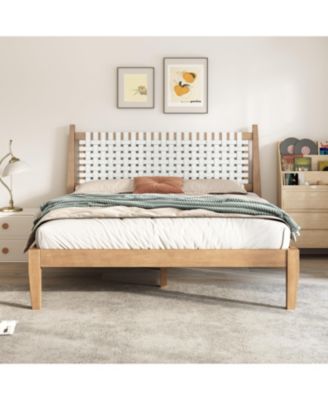 Queen Bed with Woven White Leather Back and Natural Wood Frame