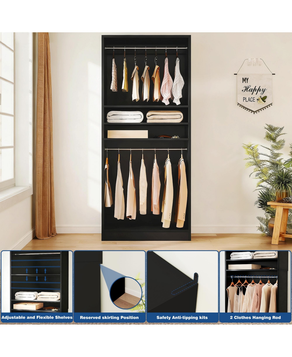 Aheaplus 36" Wooden Closet Organizer with Adjustable Shelves, Freestanding Wardrobe Hanging Rails