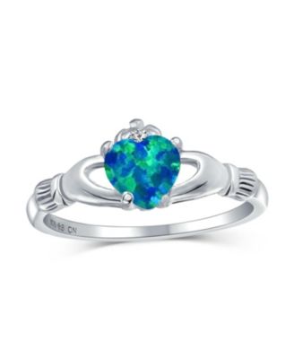Celtic Irish Friendship Heart Blue Created Opal Claddagh Ring Sterling Silver