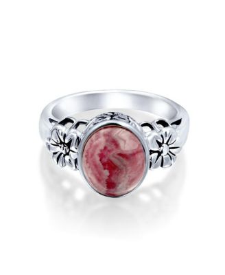 Bezel Set Oval  Pink Rhodochrosite Ring Band Floral Band Sterling Silver