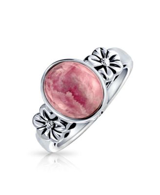 Bezel Set Oval  Pink Rhodochrosite Ring Band Floral Band Sterling Silver