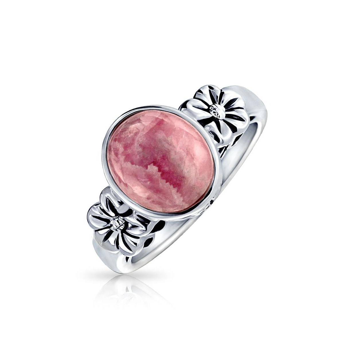 Bling Jewelry Bezel Set Oval Pink Rhodochrosite Ring Band Floral Sterling Silver