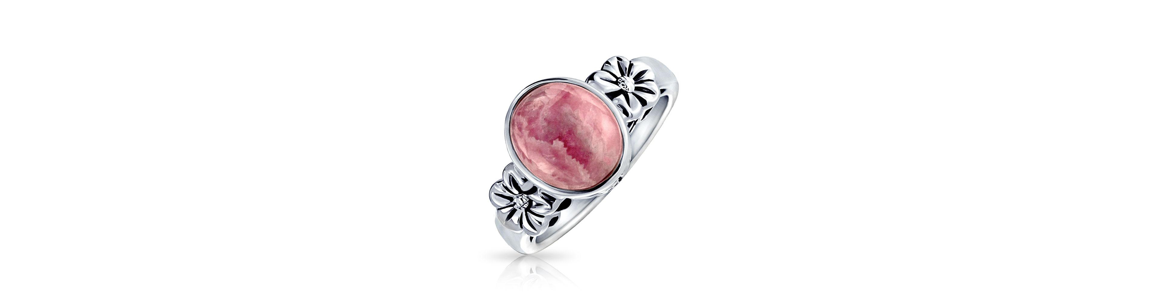 Bling Jewelry Bezel Set Oval Pink Rhodochrosite Ring Band Floral Sterling Silver