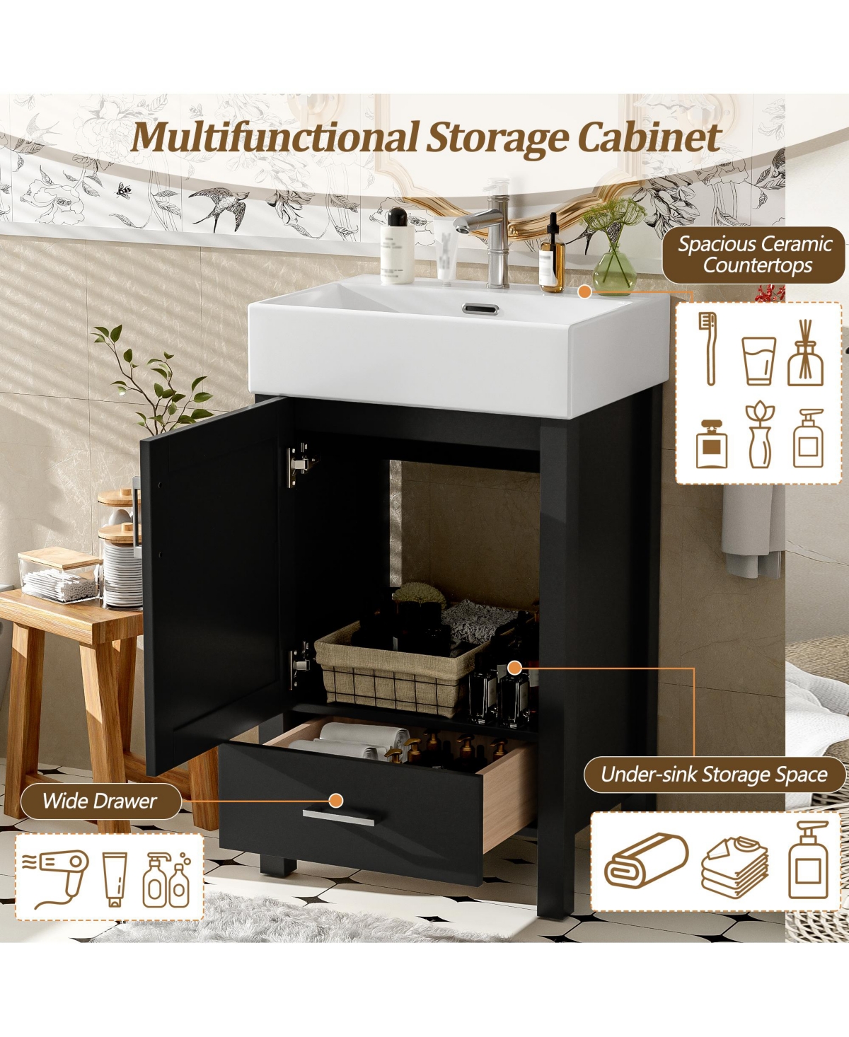 Cesicia Wood 20 in. Modern Bathroom Vanity with Ceramic Sink and Drawer for Small Bathrooms