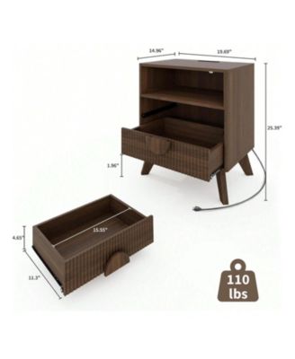 2PCS Fluted Night Stand Wood Tall Nightstands With Charging Station USB Ports And Outlets Nightstand Bedside Table