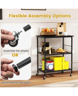 3-Tier Kitchen Serving Cart Utility Standing Microwave Rack with Hooks Rustic