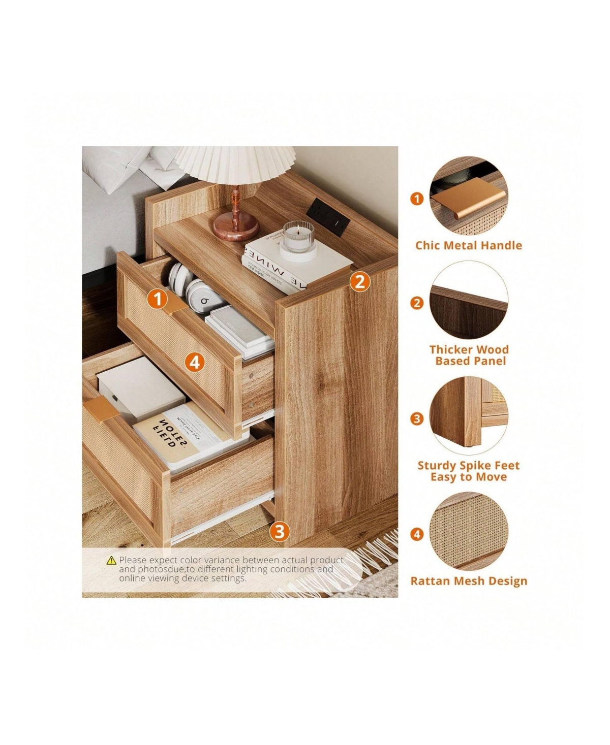 gaomon Nightstands Set Of 2 With Rattan Drawer Modern Night Stand For Bedrooms Wooden 2 Drawer Bedside Table Side Table