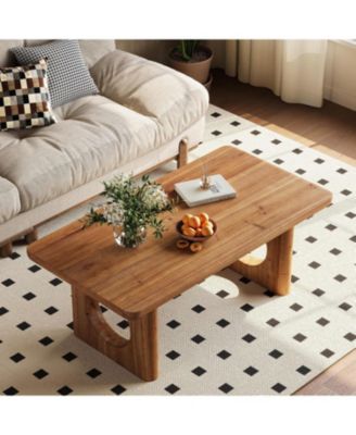 Solid Wood Coffee Table, Modern Farmhouse Coffee Table with Thick Tabletop, Rectangle Center Table