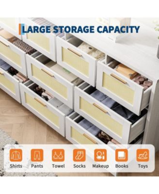 10 Drawer Dresser for Bedroom, 59'' Rattan Dresser TV Stand for 55, 65, 70 TVs