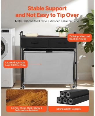 3-Section Laundry Sorter, Rolling Hamper with Wood Top, 2 Drawers, Hooks & Wheels, Pull-Out Bags, Bathroom Organizer