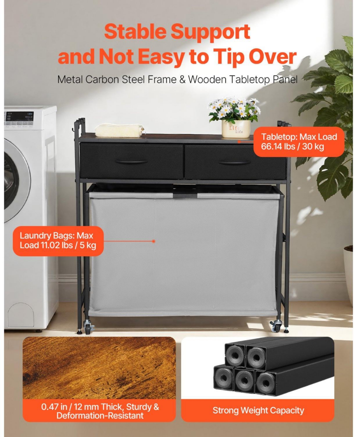 Ecooso 3-Section Laundry Sorter, Rolling Hamper with Wood Top, 2 Drawers, Hooks & Wheels, Pull-Out Bags, Bathroom Organizer