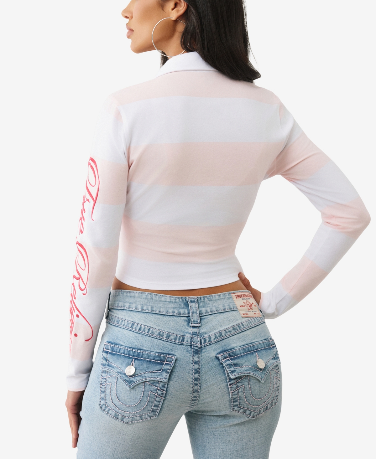 True Religion Women's Long Sleeve Embroidered Baby Polo Top