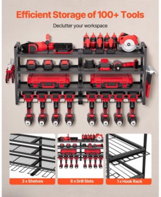 Wall-Mount Tool Organizer, 4-Tier Rack with 8 Drill Holders & Screwdriver Slots.
