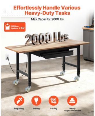 Adjustable Workbench, 60"x24" Oak Top, 2000 lb Capacity, Drawer & Power Outlets.