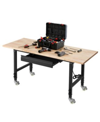 Adjustable Workbench, 60"x24" Oak Top, 2000 lb Capacity, Drawer & Power Outlets.