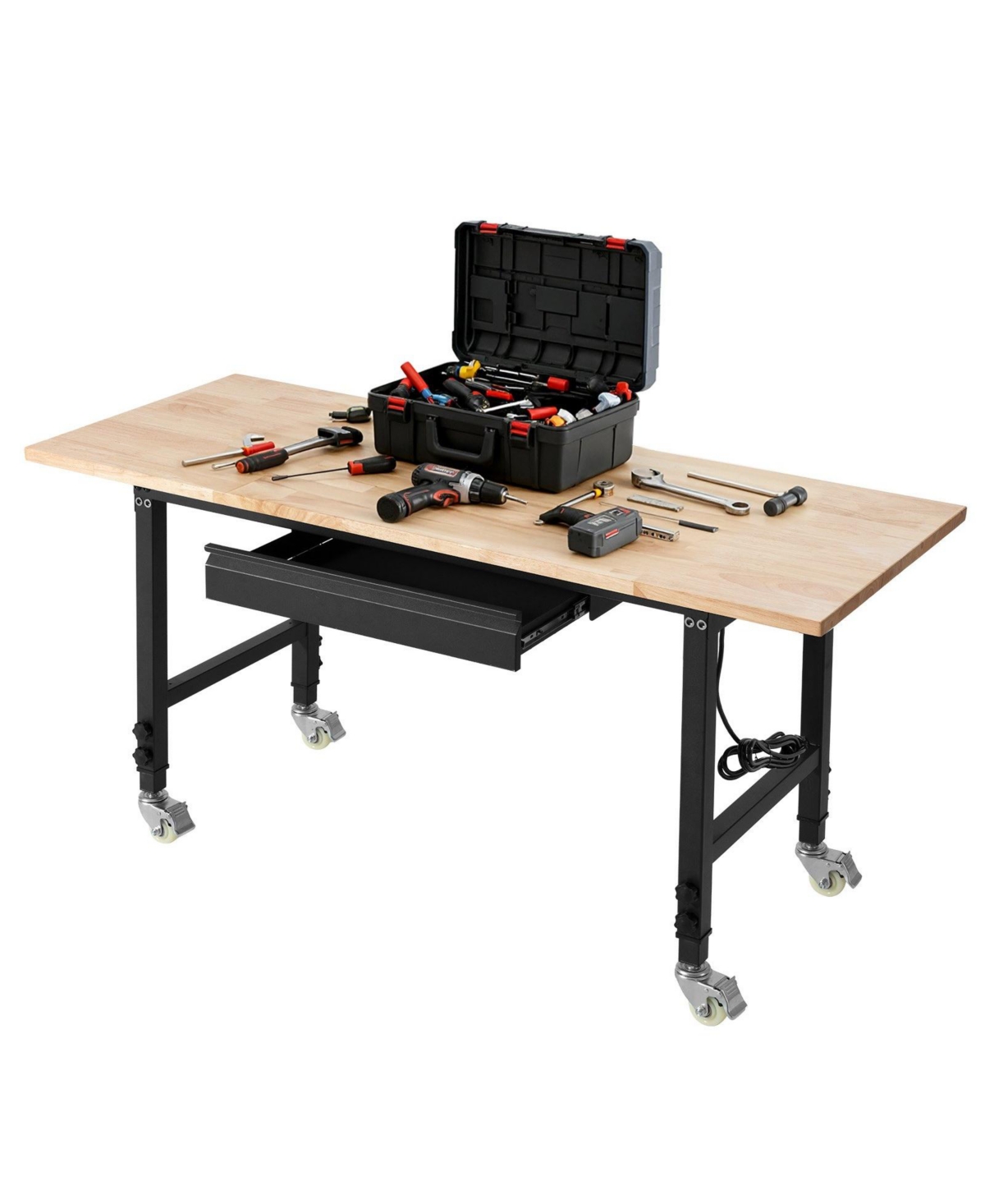 Mecale Adjustable Workbench, 60"x24" Oak Top, 2000 lb Capacity, Drawer & Power Outlets.