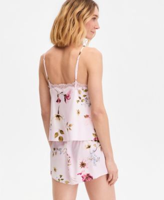 Women's Stretch Satin Lace-Trim Tank & Tap Shorts Pajama Set